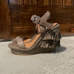 Fringe wedge sandals